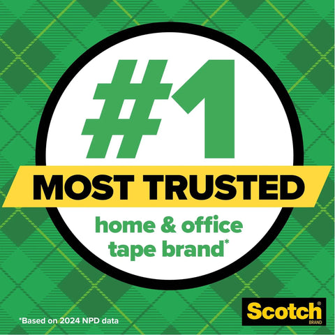 Graphic with #1 most trusted home & office tape brand, green plaid background, Scotch logo, based on 2024 NPD data.