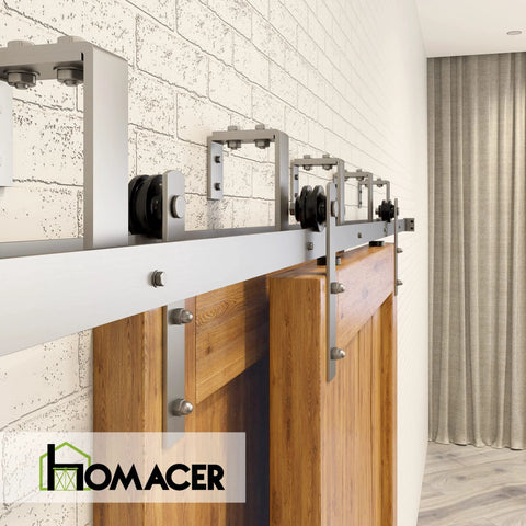 Brushed Nickel Double Track U Shape Bypass Sliding Barn Door Hardware Kit For Two Doors, 6.6ft Flat Track installed view