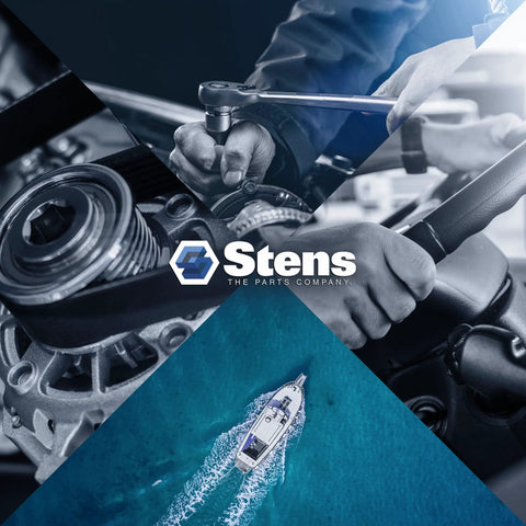 Stens Lucas Oil Red N Tacky Grease 10-pack banner with a mechanic using a ratchet on an engine; Stens logo.