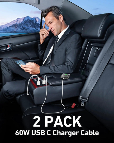 Man using 2 Pack USB A To USB C CarPlay Cable for iPhone 17 16 15 Pro Max and iPad 3ft in car's back seat