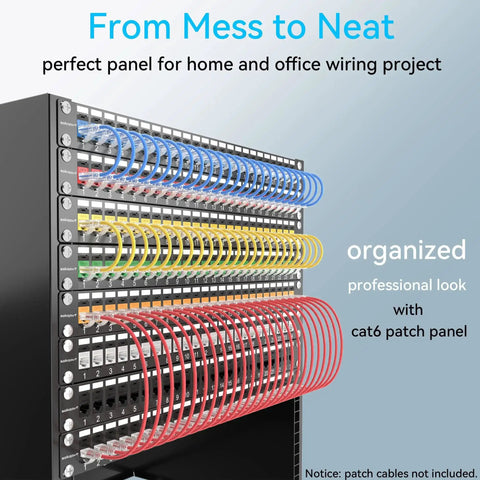 24 Port Cat6 Patch Panel With Keystone Couplers No Punch Down RJ45 Ethernet Patch Panel 1U 19 Inch installed with colored cables
