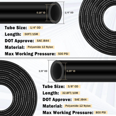 43 Pcs Brass DOT Air Line Fittings Kit With Fifty Feet One Quarter Inch And Thirty Two Point Eight Feet Three Eighths Inch DOT Air Hose, product details with dimensions and pressure ratings visible