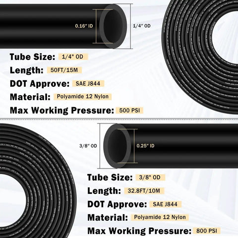 Brass DOT Air Line Fittings Kit With Fifty Feet Of One Quarter Inch And Thirty Two Point Eight Feet Of Three Eighth Inch Air Lines For Semi Trucks And Industrial Air Systems Pro Grade NPT Threads Quick Connect Fittings Tee Elbows Push And Union showing polyamide nylon hoses with specifications