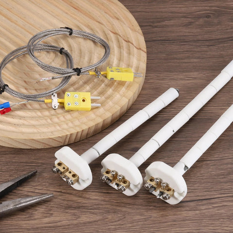 MECCANIXITY K Type ceramic kiln thermocouple probes, three white 3.2x100mm rods with brass terminals and braided leads