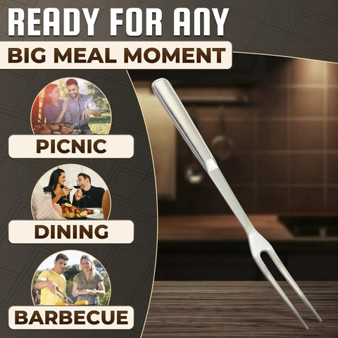 Meat Carving Fork 11 Inch Stainless Steel With Ergonomic Two Prong Handle shown on kitchen counter for grilling and serving.