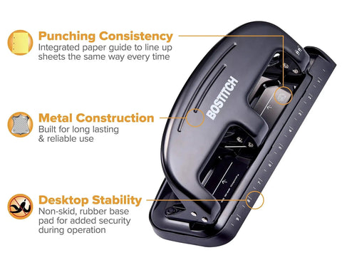 Ez Squeeze 20 Sheet 3 Hole Punch for Standard Office Paper with metal construction, locking handle, and rubber base, Bostitch.