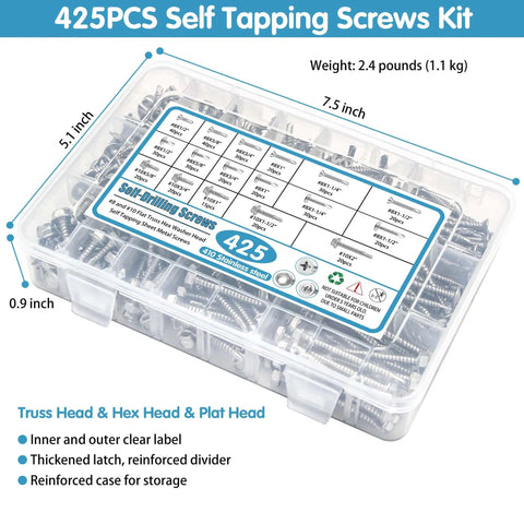 410 Stainless Steel Self Tapping Screws For Metal, Size 8 And Size 10 Self Drilling Assortment Set, 425 Pieces in storage case