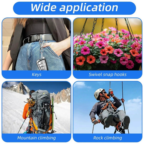 Wide application of 30 Piece Heavy Duty Trigger Snap Hooks Swivel Metal Clasps For Pet Cages, used for keys and climbing.