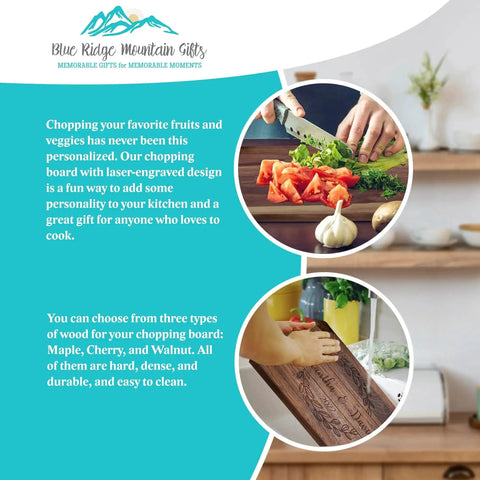Custom Engraved Wooden Cutting Board Personalized For Weddings Anniversaries Birthdays And Mothers Day Gift In Maple Cherry Walnut Or Bamboo With Juice Grooves Handles And Available In Small Medium And Large Sizes For Home Chefs And Entertaining
