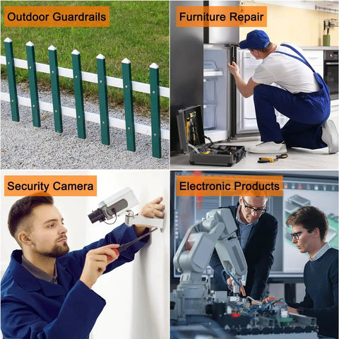 Composite image showing uses of M4-0.7x10mm Flat Head Torx Anti Theft Machine Screws 20 Pieces, including outdoor guardrails, furniture repair, security cameras, and electronic products.
