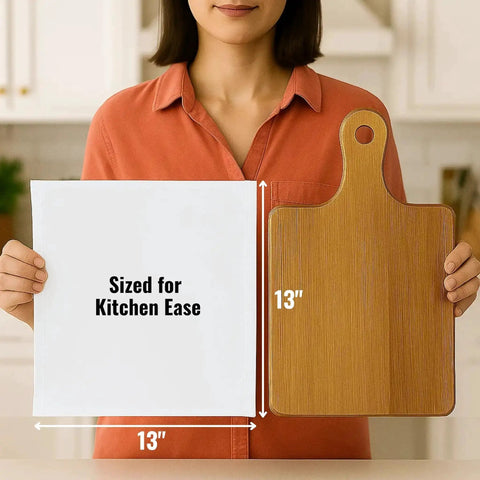 Person holding Ultra Thick Cotton Dish Cloths 4 Pack 13x13 Inches, Quick Dry Kitchen Wash Rags, Absorbent And Lint Free, next to a cutting board.