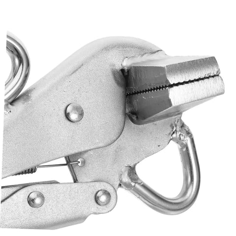 Close-up of Tough As Nails Heavy Duty Auto Body Frame Clamp with extra wide duckbill jaw for precise metal panel alignment and repair.