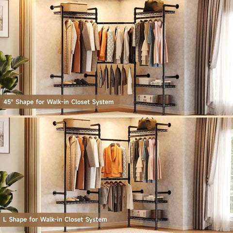 Industrial Pipe Wall Mounted Garment Rack With Walk In Closet System, Four Expandable Rods And Six Adjustable Shelves