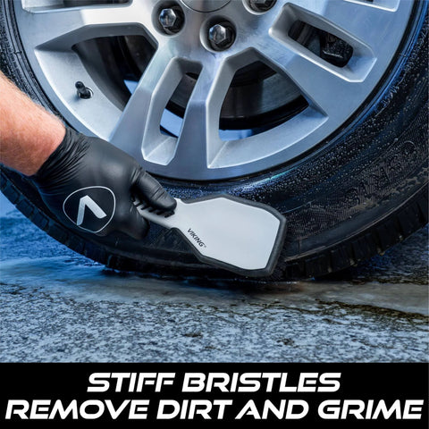 Ergonomic Tire And Wheel Cleaning Brush For Cars, 10.3 Inch Long With Short Stiff Bristles in use on a car tire