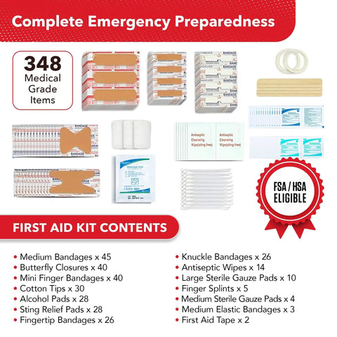 Contents of Durable 2 In 1 First Aid Kit For Car Travel Home And Business With 348 Pieces, featuring bandages and wipes.