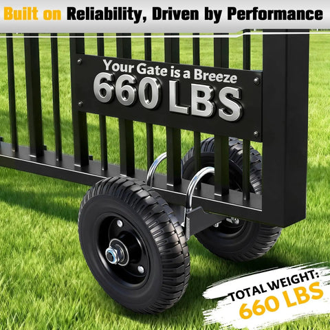 Heavy Duty 8 Inch Gate Wheel for Rolling Gates supporting 660 lbs, features automotive grade rubber tread and solid steel construction.