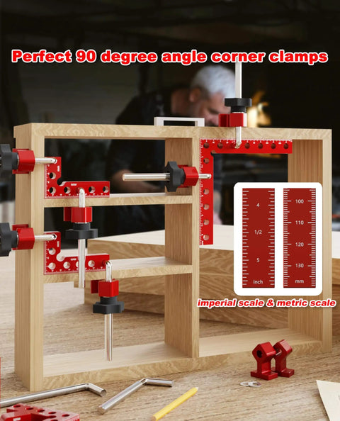 Eight Piece Corner Clamps With Box For Woodworking Aluminum Alloy 90 Degree Right Angle Clamp Set in 5.5 and 3.14 inch sizes.