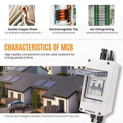Diagram showing features of Solar Panel Disconnect Switch 1000V 60A PV Breaker Box Outdoor Enclosure For Solar PV Panels Home Battery Storage.