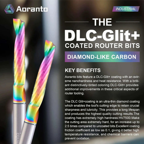 Close-up of DLC-Glit+ coated O Flute CNC Router Bit Three Sixteenths Diameter Solid Carbide Up Cut End Mill with rainbow hue.