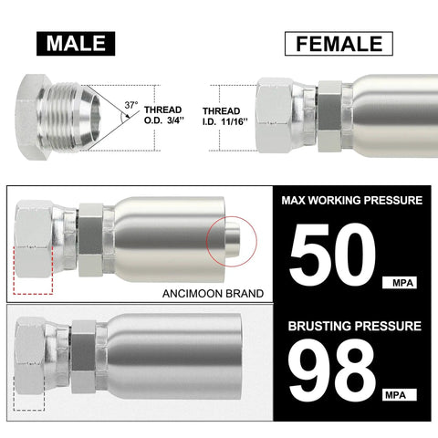 Rugged 1/2 Inch Hydraulic Hose Fittings Swivel JIC 37 Degree Female End For Single Wire Hose Crimp diagram details