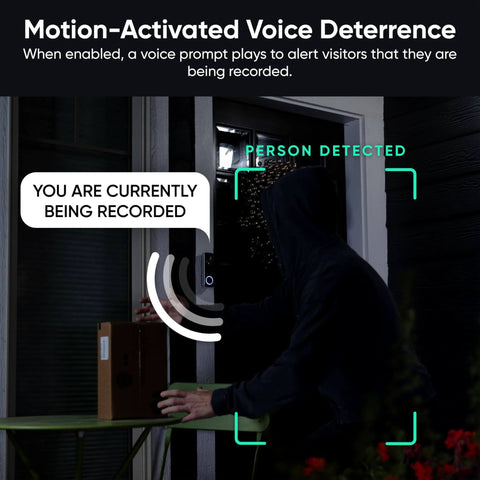 Battery Video Doorbell Wireless Camera Cordless With 1 To 1 Head To Toe View And Color Night Vision 150 Degree Ultra Wide Field Of View 2 Way Audio Monitors People Vehicles Packages Wire Free Or Wired with motion-activated voice deterrence.