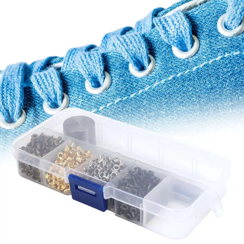 All In One Mini Grommet Kit For Do It Yourself Projects 800 Multi Color Eyelets storage box and denim shoe with eyelets