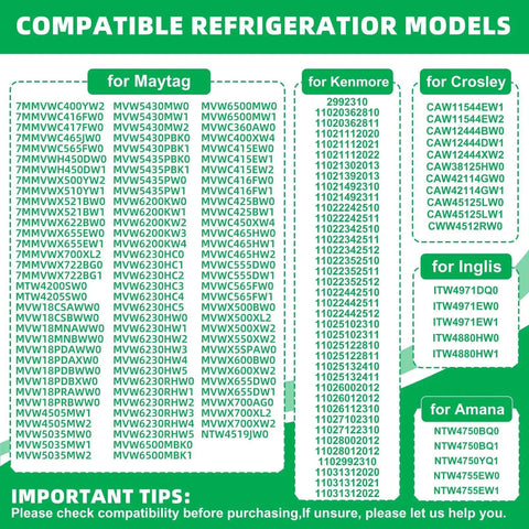 Refrigerator compatibility chart with green header listing models for Maytag, Kenmore, Crosley, Inglis, and Amana.