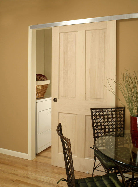 1 Door Wall Mount Sliding Barn Door Hardware Kit With Nylon Hangers, 72 Inch Track, installed in home interior.