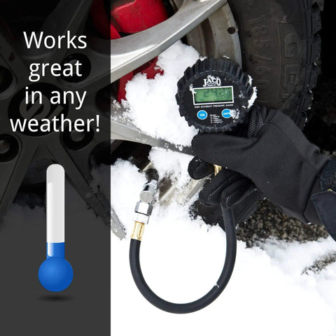 ElitePro Digital Tire Pressure Gauge JACO Superior With Pro Grade Accuracy Up To 200 PSI in use on a snowy car wheel