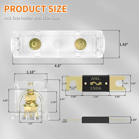 Diagram of a Heavy Duty 150 Amp ANL Fuse Holder Kit With 150A ANL Fuse, clear view, gold-plated terminals for car audio.