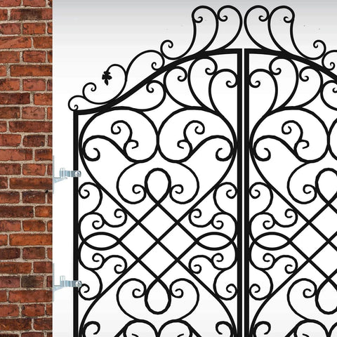Decorative wrought iron gate with 4 Pcs Heavy Duty Wall Mount Gate Hinges For Pipe Gates And Chain Link Fences Pressed Steel Outdoor Hardware Set.