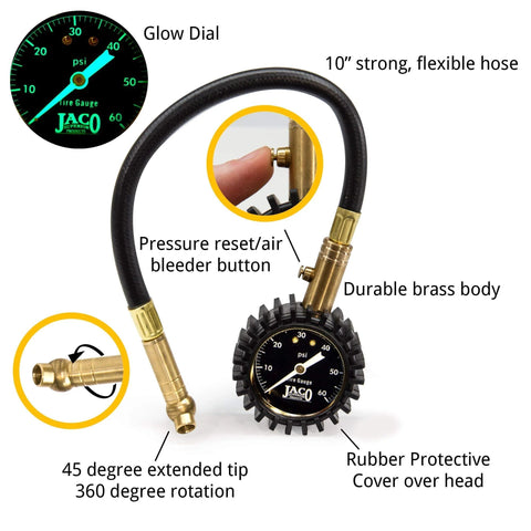 JACO ElitePro tire pressure gauge with glow dial, 60 PSI range, 10-inch flexible hose, brass body and extended tip.