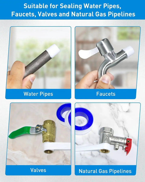 Person using Plumbers Teflon Tape 3 Roll Pack No Leak Seal For Water Pipes And Plumbing Pro Grade High Density Tape on various fittings.
