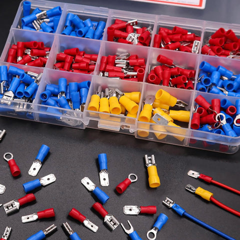 Twidec spade crimp connectors kit in clear plastic organizer with blue 2.8mm, red 4.8mm, yellow 6.3mm insulated terminals.
