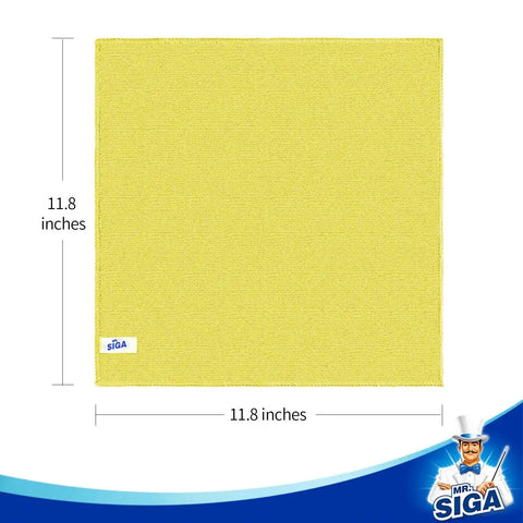 All Purpose Microfiber Cleaning Cloths Pack Of 50 11.8 By 11.8 Inches Lint Free, single yellow cloth shown with dimensions.