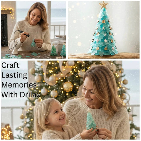 Woman crafting with Drilax tools, child holding handmade Christmas tree, festive decorations, joyful family moment.