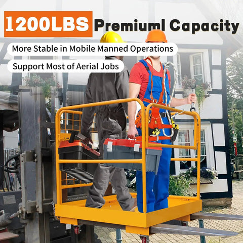Heavy Duty Forklift Man Basket 36x36 Inches With 1200 Lb Capacity in use with workers, showing steel frame and stability on forklift.