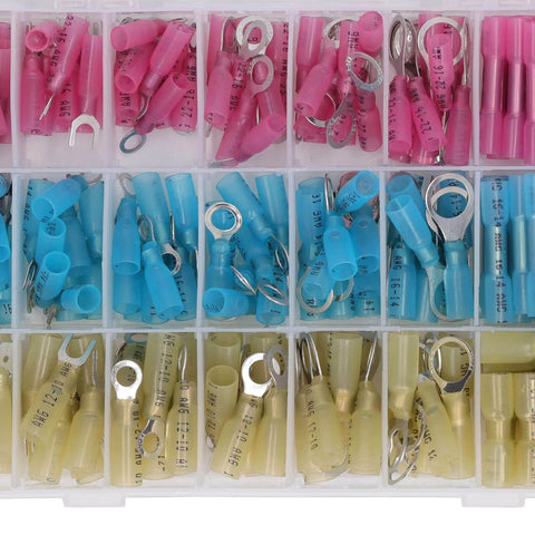 Assorted pink, blue, and yellow insulated heat shrink butt connectors from Self Adjusting Ratchet Ferrule Crimping Tool Kit