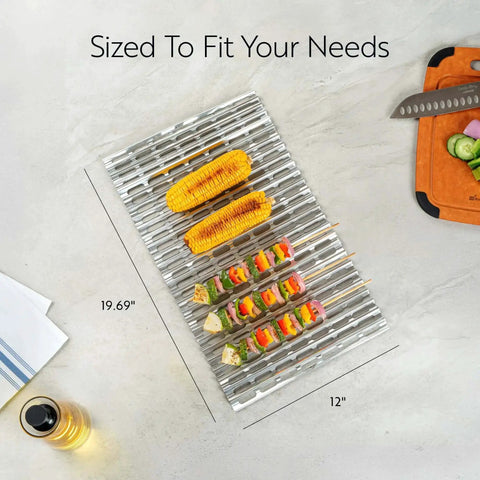 Foil Lux Disposable Grill Liners 19.7 By 12 Inch Nonstick Aluminum Grill Sheets for easy cleanup, shown with food and measurement dimensions.