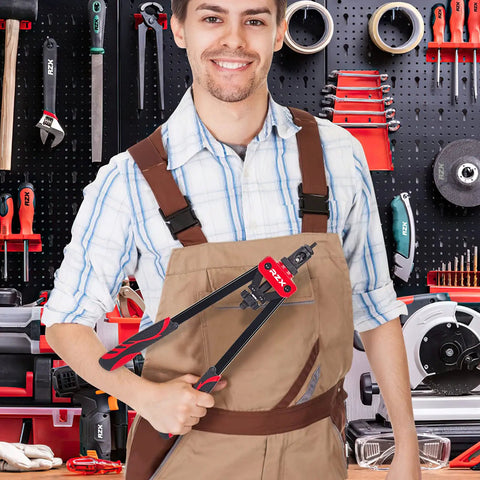 Man holding Ultra Sturdy 14 Inch Rivet Nut Tool Kit with 6 Mandrels and 60 Rivnuts in a workshop setting.