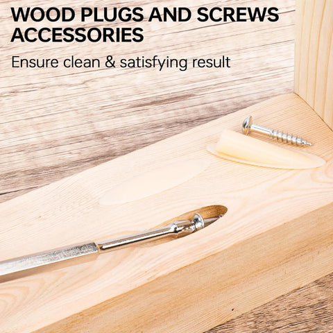 Close-up of Adjustable Pocket Hole Jig Kit With Stop Collars For Precision Drilling with screw and wood plug on wood surface