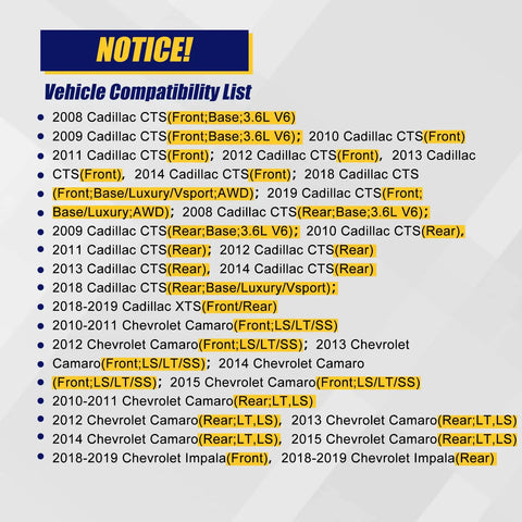 Compatibility list for Wheel Bearing Hub Assembly 513282 2Pcs Front Rear With Encoder ABS for Cadillac CTS, XTS, Camaro, Impala.