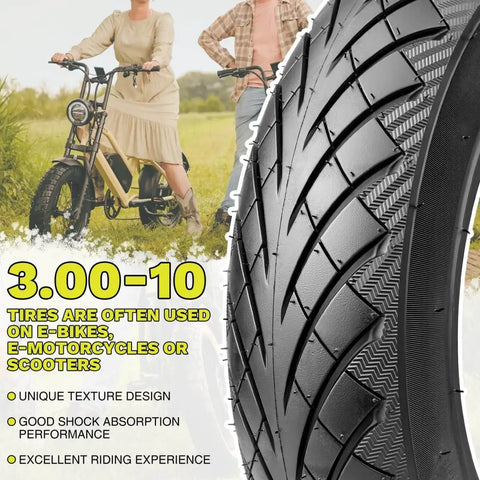 Close-up of Tubeless 3.0-10 E-Bike Tire Kit With Valve Stem And Core Tool, Puncture Resistant 4PR Tire For Urban Pavement, Excellent Grip