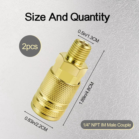 Two Pack One Quarter Inch NPT M Style Brass Air Coupler Quick Connect Fittings High Flow Brass Couplers For Air Compressors Tools And Accessories With Knurled Sleeve