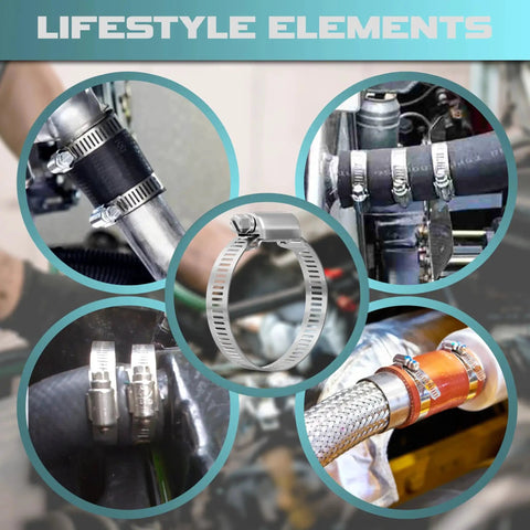 Lifestyle elements showing Cut To Fit 12 Foot 304 Stainless Steel Hose Clamp Kit With Eight Stronger Fasteners in various installations.
