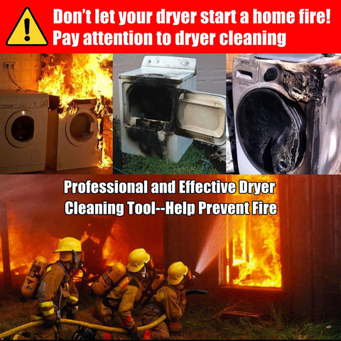 Sealegend dryer vent cleaner kit, blue; collage showing burning dryers and firefighters combating a blaze.
