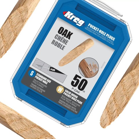 Solid Oak Pocket Hole Plugs for Concealed Joints Wood Finish Plug Set 50 Count shown in blue packaging