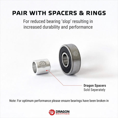 Dragon Bearings inline skate bearing with spacer; silver metal parts, dragon logo engraving, one bearing and one spacer shown