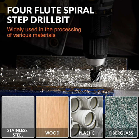 Four Spiral Flute Step Drill Bit Set With Five HSS Step Drill Bits From Thinkwork drilling metal surface