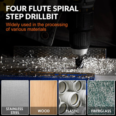Pro Grade Step Drill Bit Set With Four Spiral Flutes And Countersink Bits In A Sturdy Tool Box For Metal Aluminum Wood And Plastic Featuring Nitrided HSS Bits By Thinkwork drilling metal